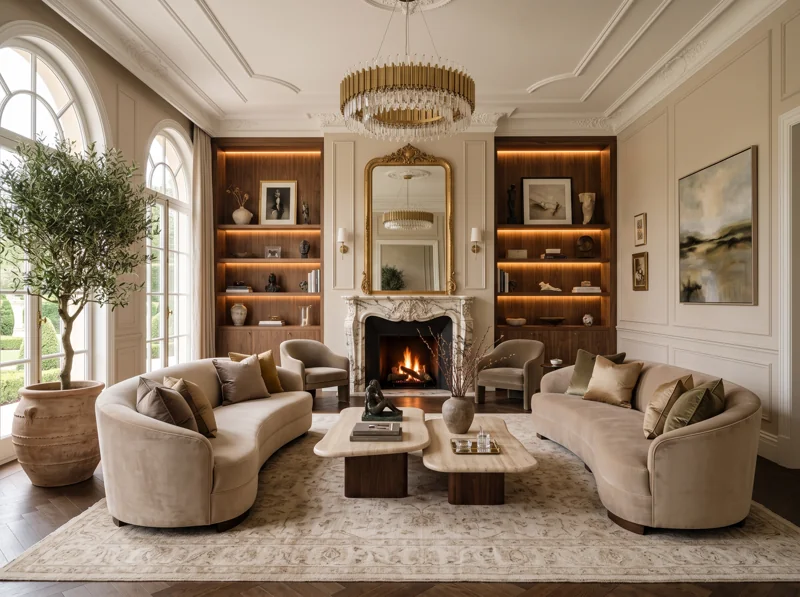 A light-filled lounge with curved seating, illuminated timber shelving and a marble fireplace.