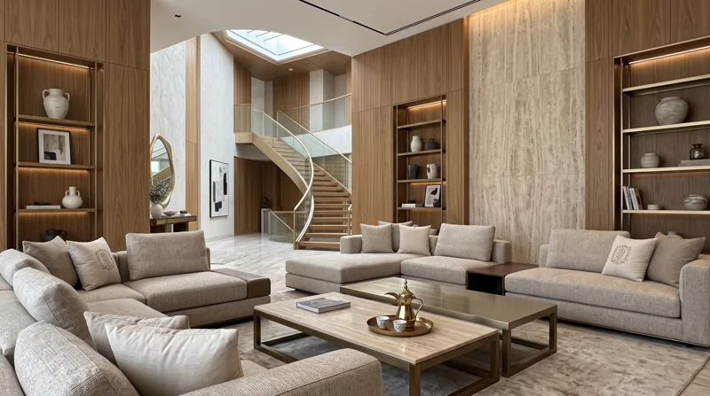 A double-height living room with warm timber, pale seating and generous windows.