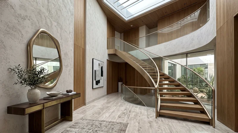 A curved staircase beneath a skylight with stone finishes and timber details.