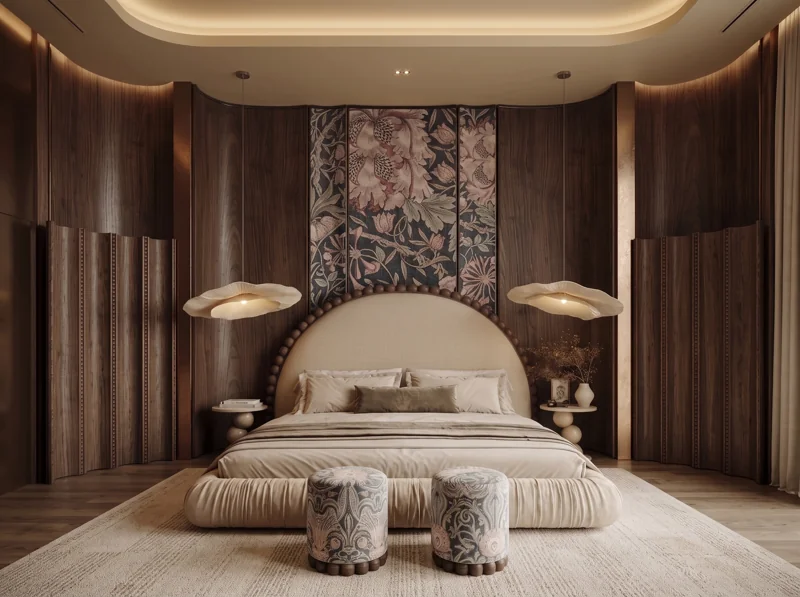 A bedroom with a curved headboard, sculptural lighting and rich wood panels.
