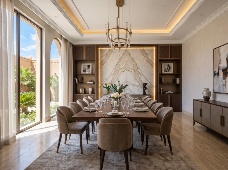 A dining room with a long table, garden views and a statement chandelier.