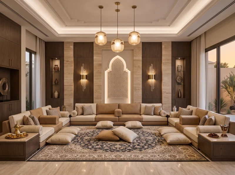 A majlis with symmetrical seating, warm neutral textures and arched wall niches.
