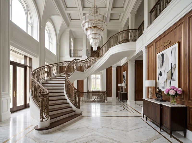 A double-height entrance with a sweeping staircase and decorative wall panels.