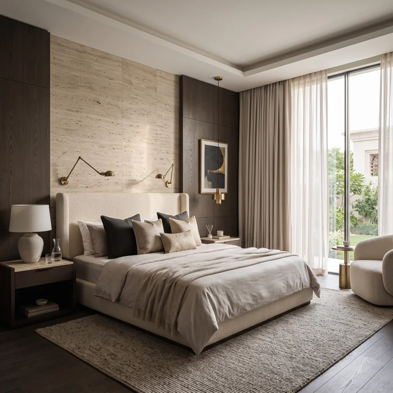 A restrained bedroom with soft textiles, natural light and a textured feature wall.