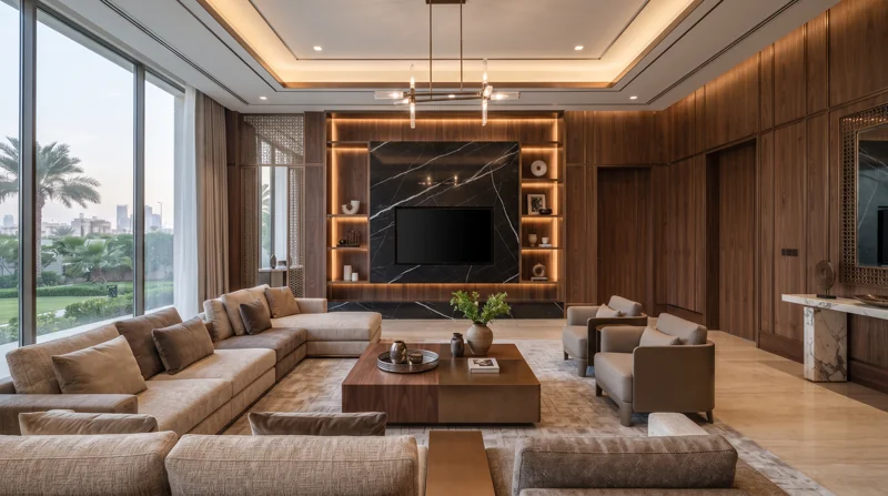 A timber-lined lounge with deep seating and expansive windows.