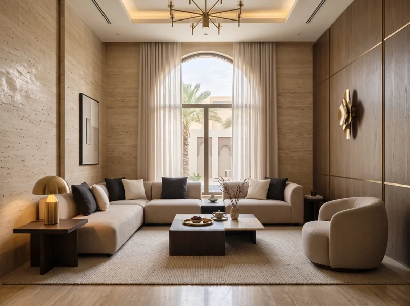 A living space with curved seating, warm lighting and a tall arched window.