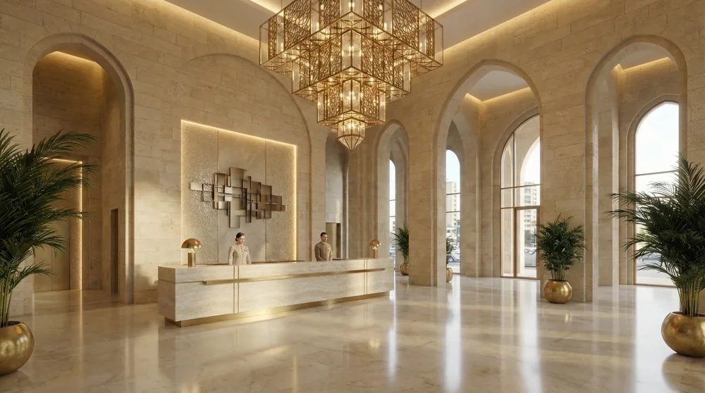 A hospitality design study connecting vaulted interiors, dining spaces, guest accommodation and quiet leisure areas.