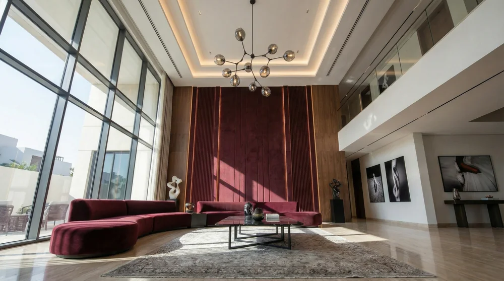 A double-height salon defined by burgundy seating, tall windows and fine architectural detailing.