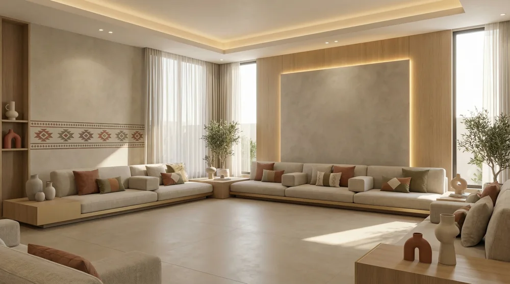 Soft neutral seating, warm timber and patterned walls create a generous space for gathering.