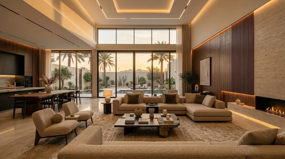 A warm family living and dining space with garden views, textured fabrics and a linear fireplace.