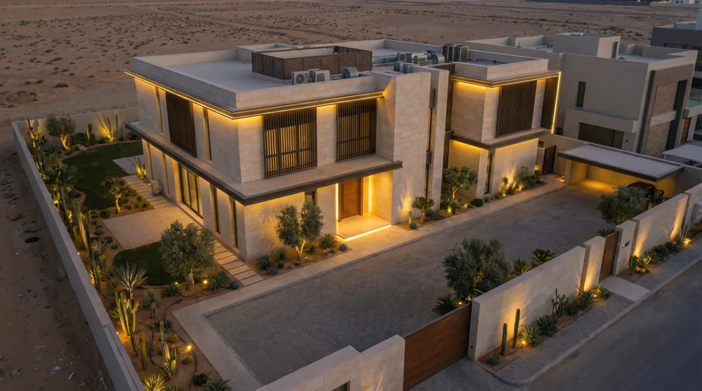 A contemporary villa study exploring stone, vertical screening and architectural lighting from day to dusk.
