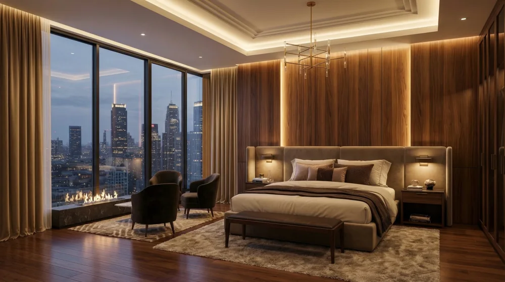 A timber-lined bedroom with skyline views, illuminated wardrobes and coordinated material details.