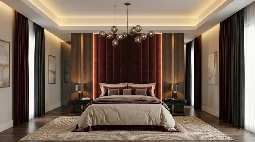 Rich walnut, burgundy accents and integrated lighting connect the bedroom and its bespoke joinery.